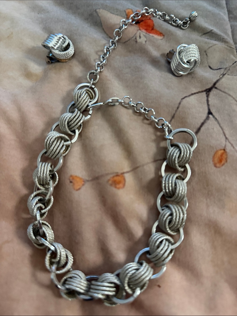 Silver-Tone Knotted Rope Link Necklace and Clip-On Earring Set